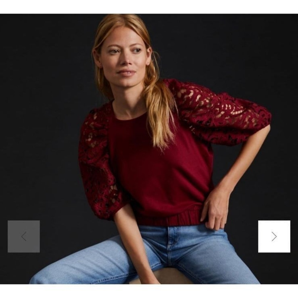 Anthropologie Red Embellished Blouse with Voluminous Sleeves